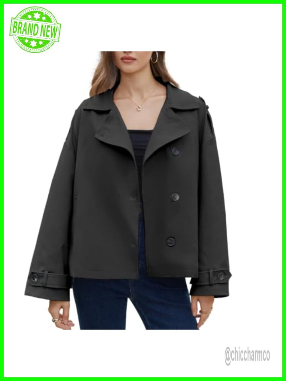Women Cropped Trench Coat Single-Breasted Diagonal Button Short Jacket